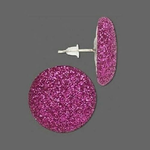 Fuchsia Pink Mod Retro 80s Sparkly Disco Fabric Button Earrings - Picture 2 of 2